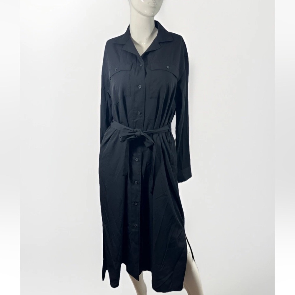 Uniqlo Shirt Womens Sz M Black Midi Shirt Dress Button Up Collar Long Sleeve